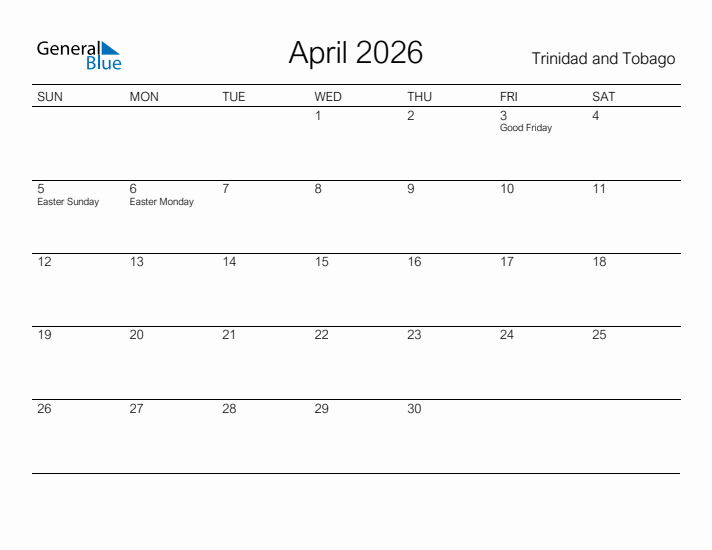 Printable April 2026 Calendar for Trinidad and Tobago