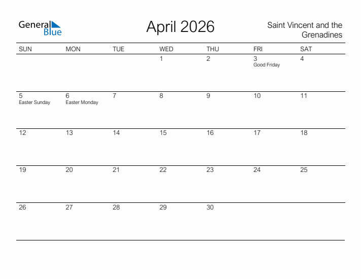 Printable April 2026 Calendar for Saint Vincent and the Grenadines