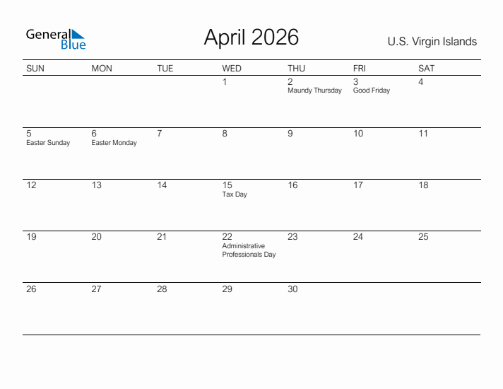 Printable April 2026 Calendar for U.S. Virgin Islands