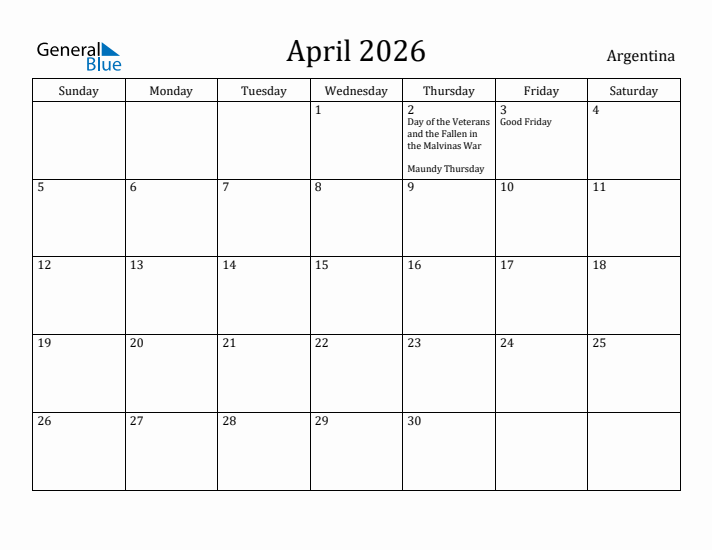 April 2026 Calendar Argentina