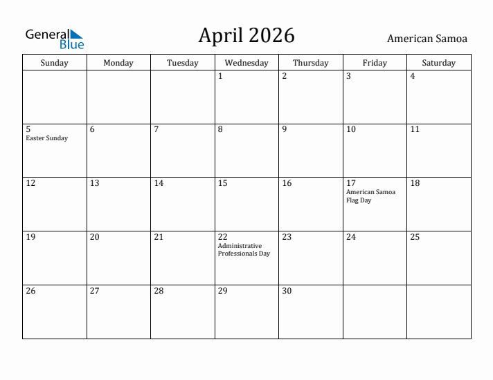 April 2026 Calendar American Samoa