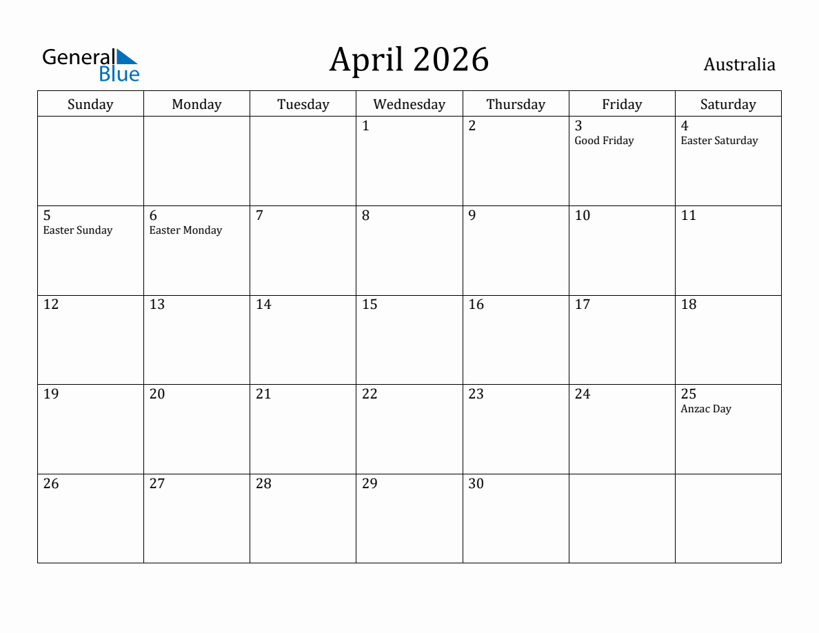 April 2026 Monthly Calendar with Australia Holidays