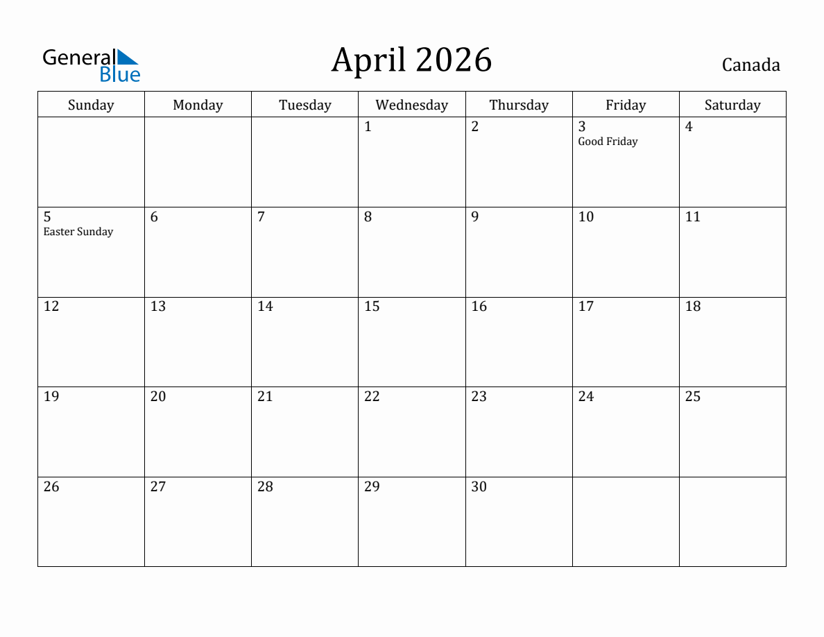 April 2026 monthly calendar with holidays in Canada