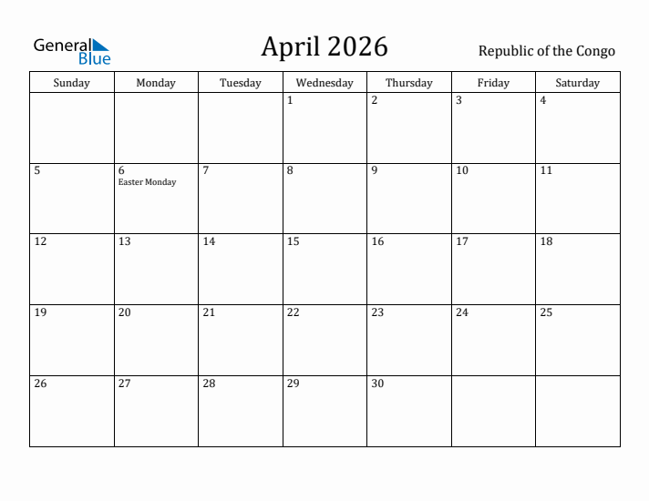 April 2026 Calendar Republic of the Congo