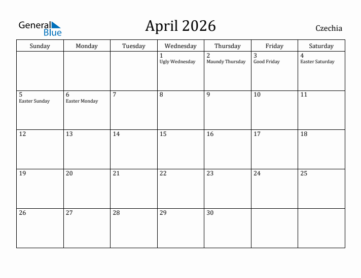 April 2026 Calendar Czechia