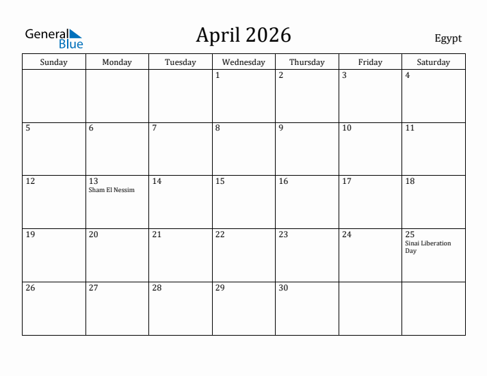 April 2026 Calendar Egypt