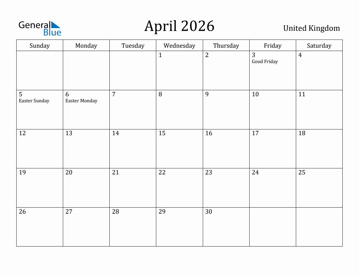 April 2026 monthly calendar with holidays in United Kingdom