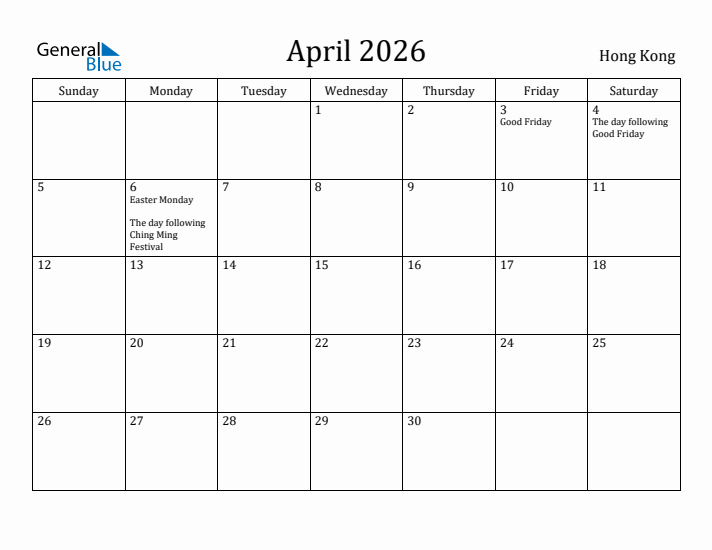 April 2026 Calendar Hong Kong