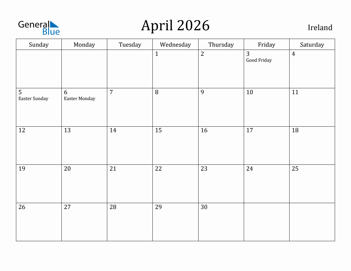 April 2026 monthly calendar with holidays in Ireland