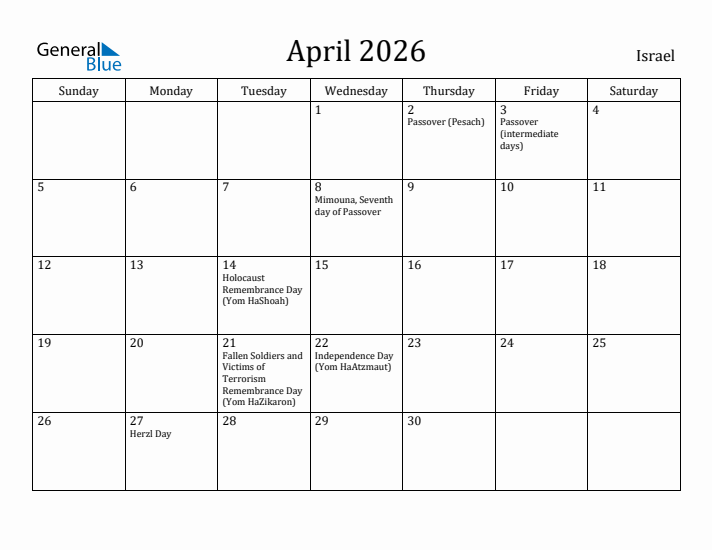 April 2026 Calendar Israel