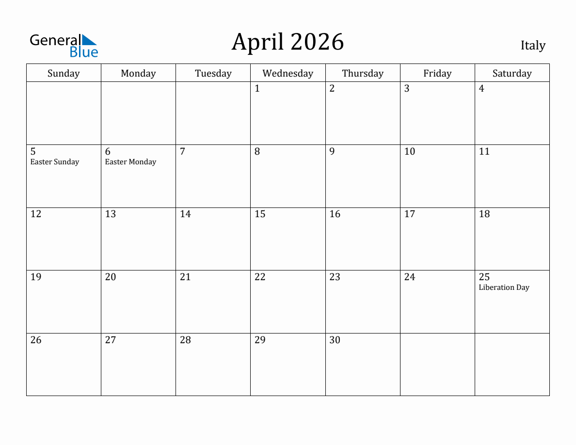 April 2026 monthly calendar with holidays in Italy
