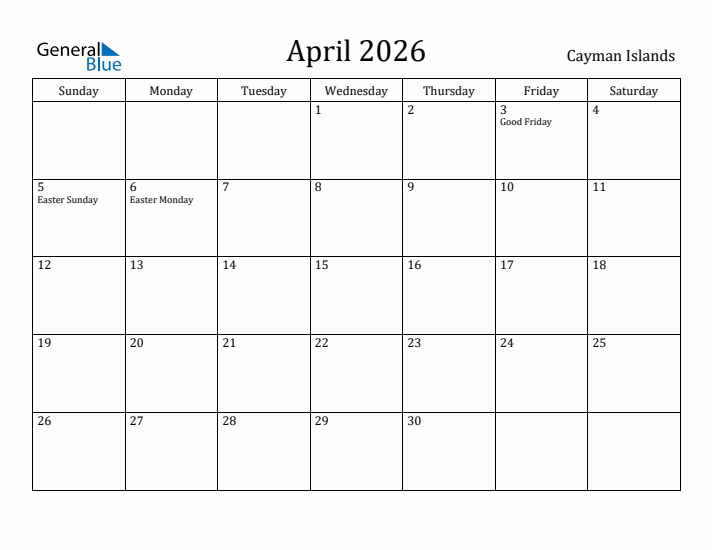 April 2026 Calendar Cayman Islands