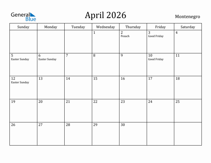 April 2026 Calendar Montenegro