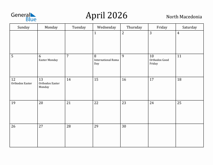 April 2026 Calendar North Macedonia