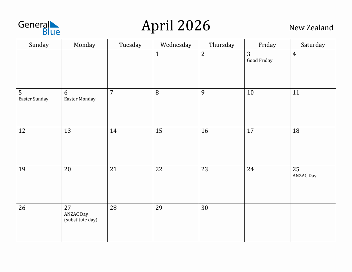 April 2026 monthly calendar with holidays in New Zealand