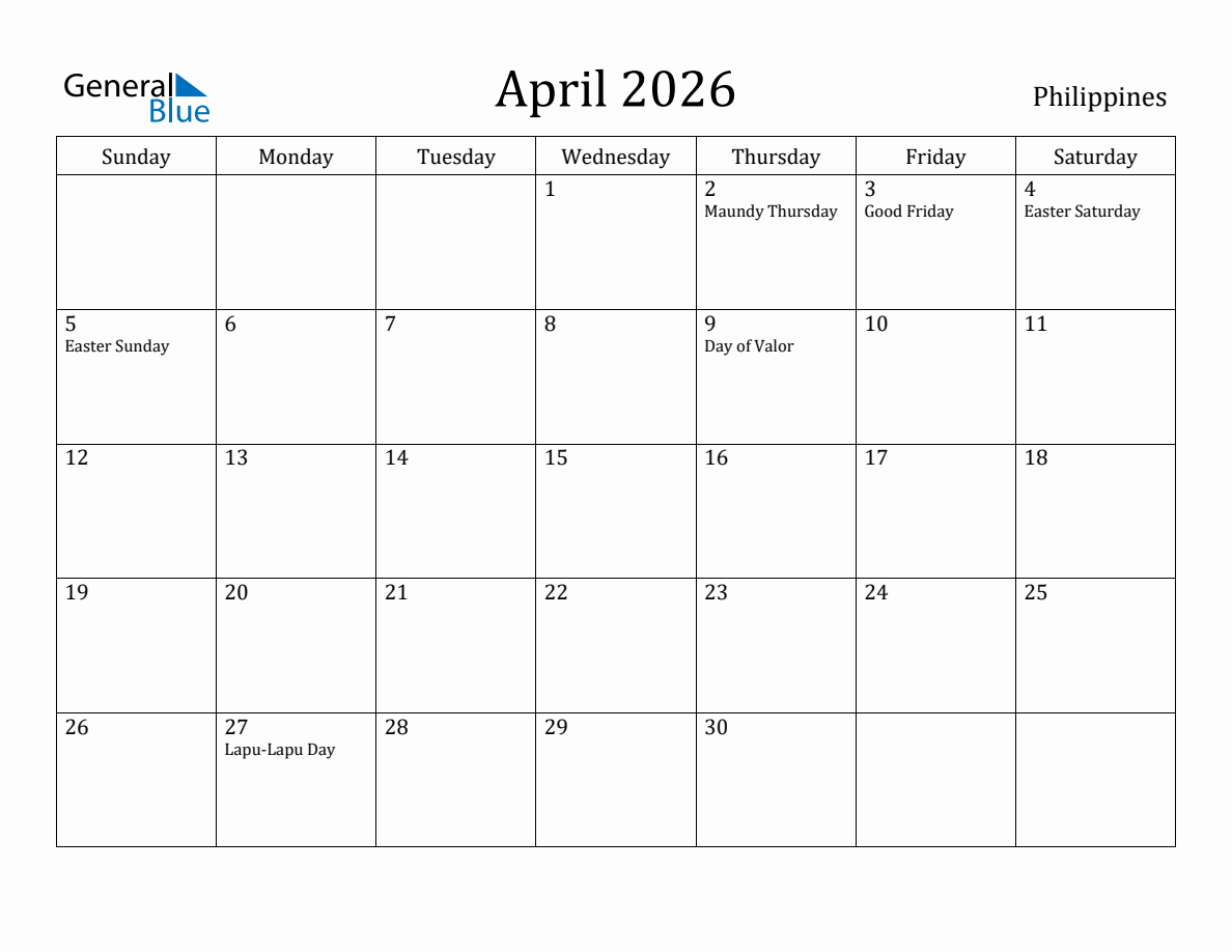 April 2026 monthly calendar with holidays in Philippines