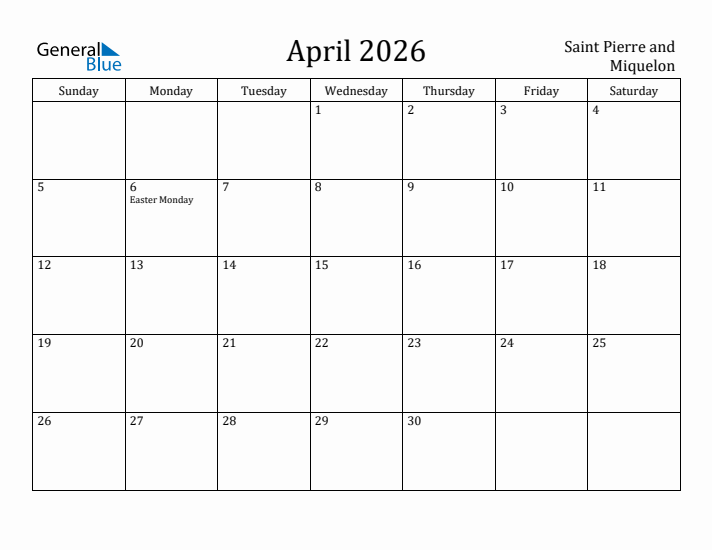 April 2026 Calendar Saint Pierre and Miquelon