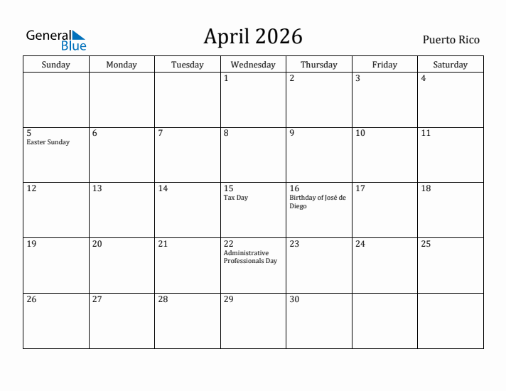 April 2026 Calendar Puerto Rico