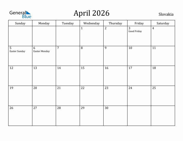 April 2026 Calendar Slovakia