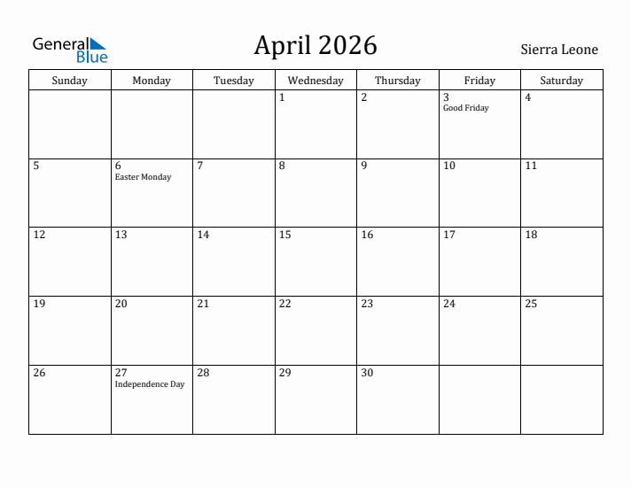 April 2026 Calendar Sierra Leone