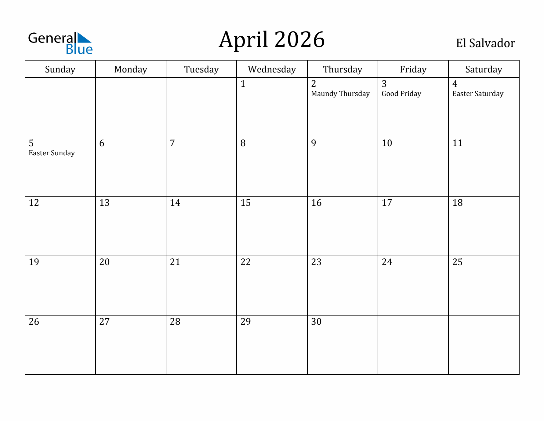April 2026 Calendar El Salvador