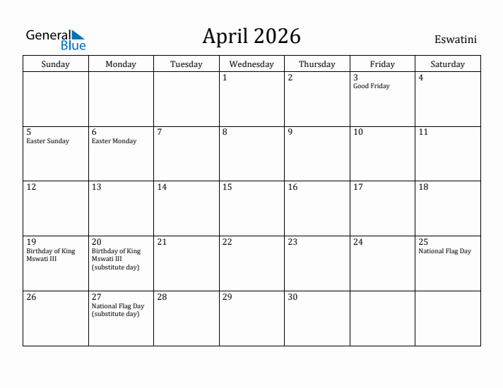 April 2026 Calendar Eswatini