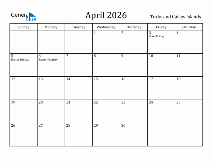 April 2026 Calendar Turks and Caicos Islands