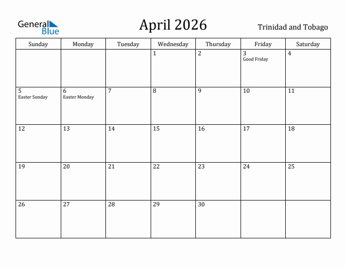 April 2026 Calendar Trinidad and Tobago