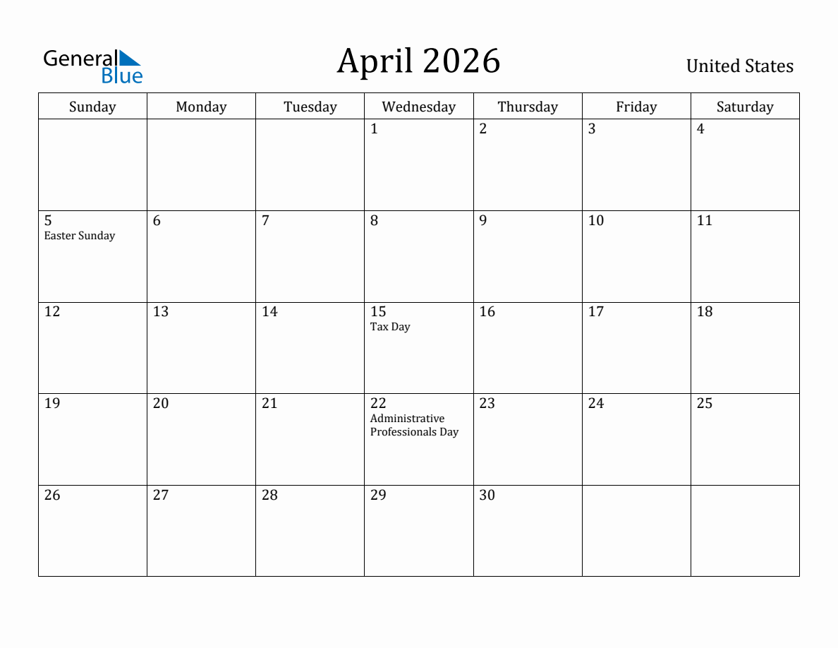 April 2026 monthly calendar with holidays in United States