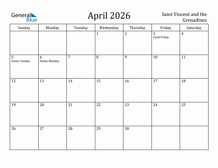 April 2026 Calendar Saint Vincent and the Grenadines