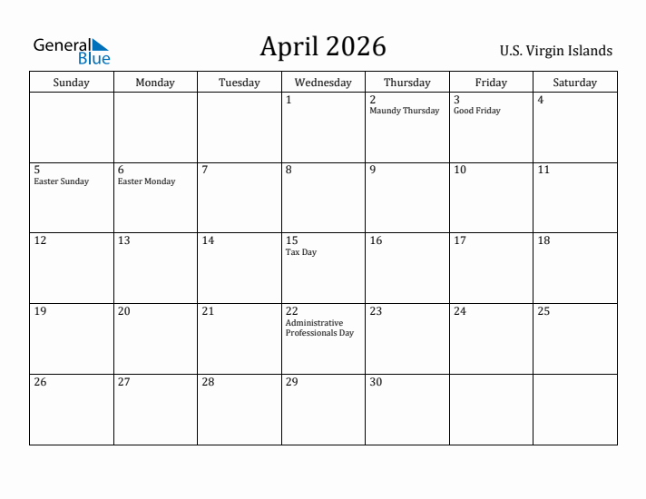 April 2026 Calendar U.S. Virgin Islands