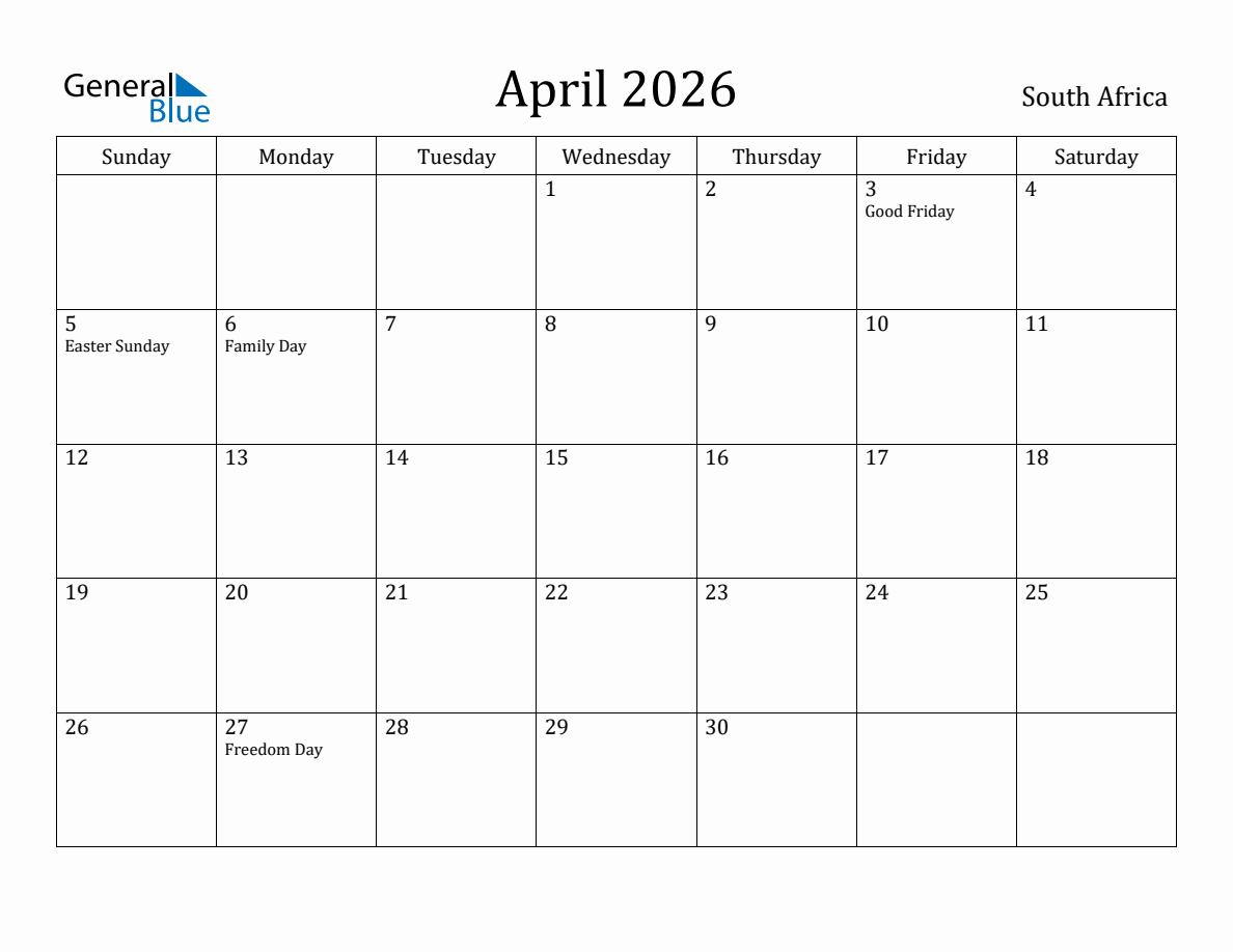 April 2026 Monthly Calendar with South Africa Holidays