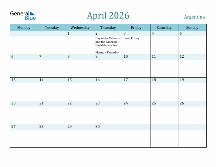 April 2026 Calendar with Holidays