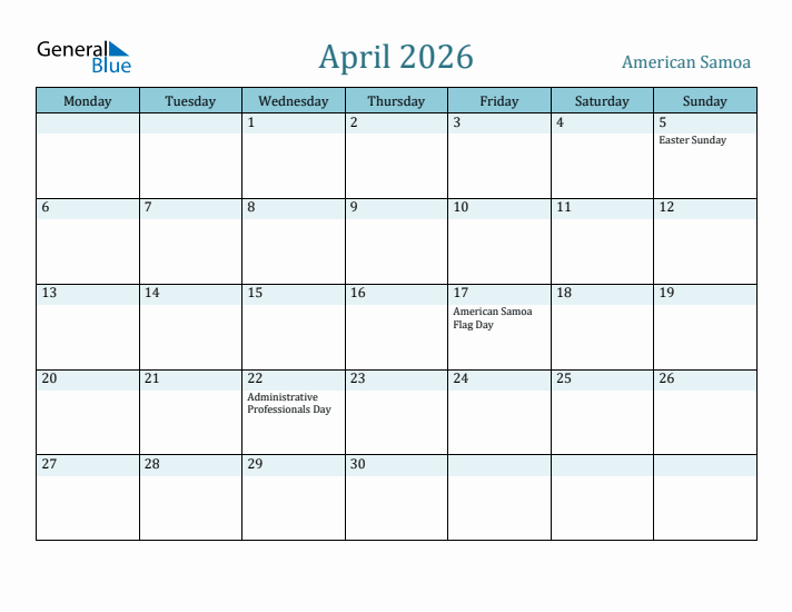 April 2026 Calendar with Holidays