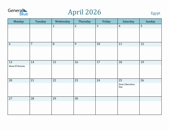 April 2026 Calendar with Holidays
