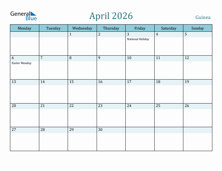 April 2026 Calendar with Holidays