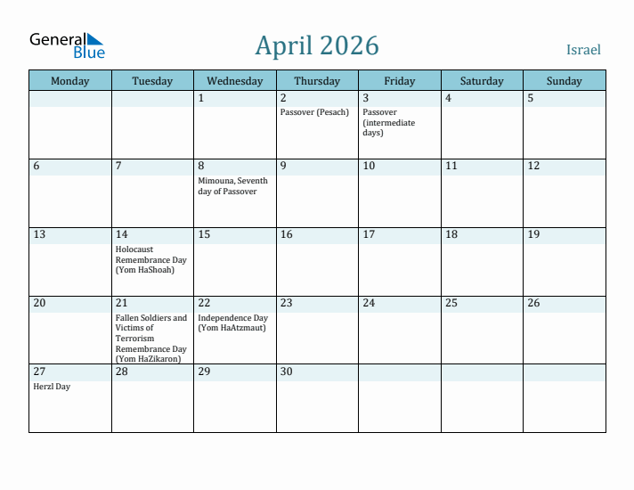 April 2026 Calendar with Holidays