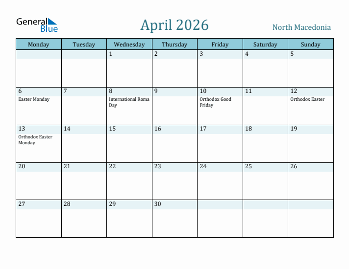 April 2026 Calendar with Holidays