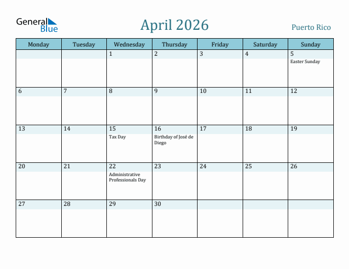 April 2026 Calendar with Holidays