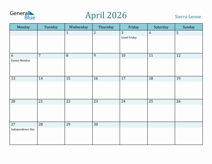 April 2026 Calendar with Holidays