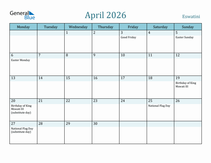 April 2026 Calendar with Holidays