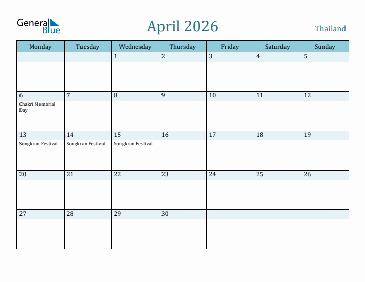 April 2026 Calendar with Holidays