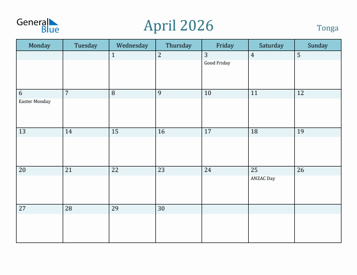 April 2026 Calendar with Holidays