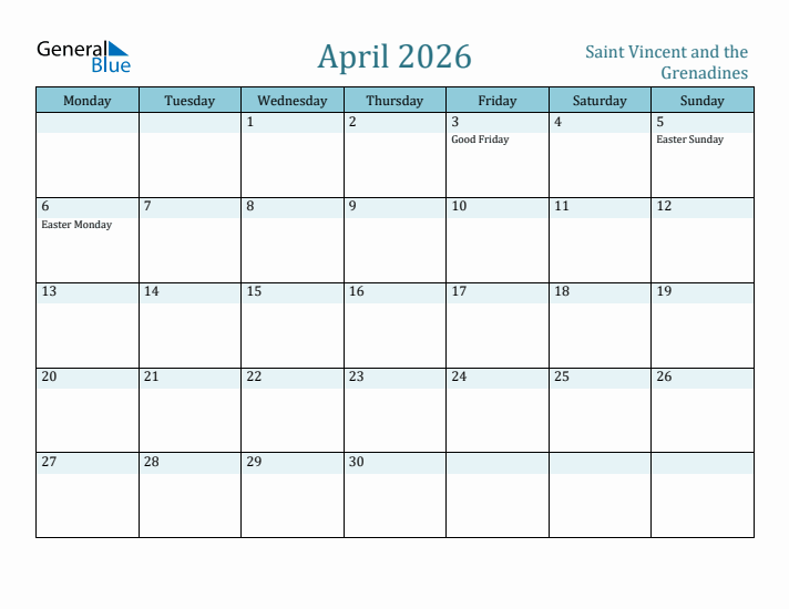 April 2026 Calendar with Holidays