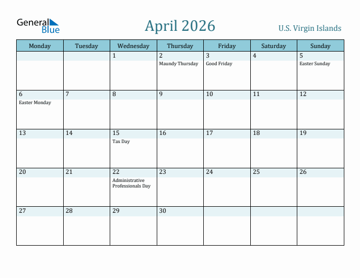 April 2026 Calendar with Holidays