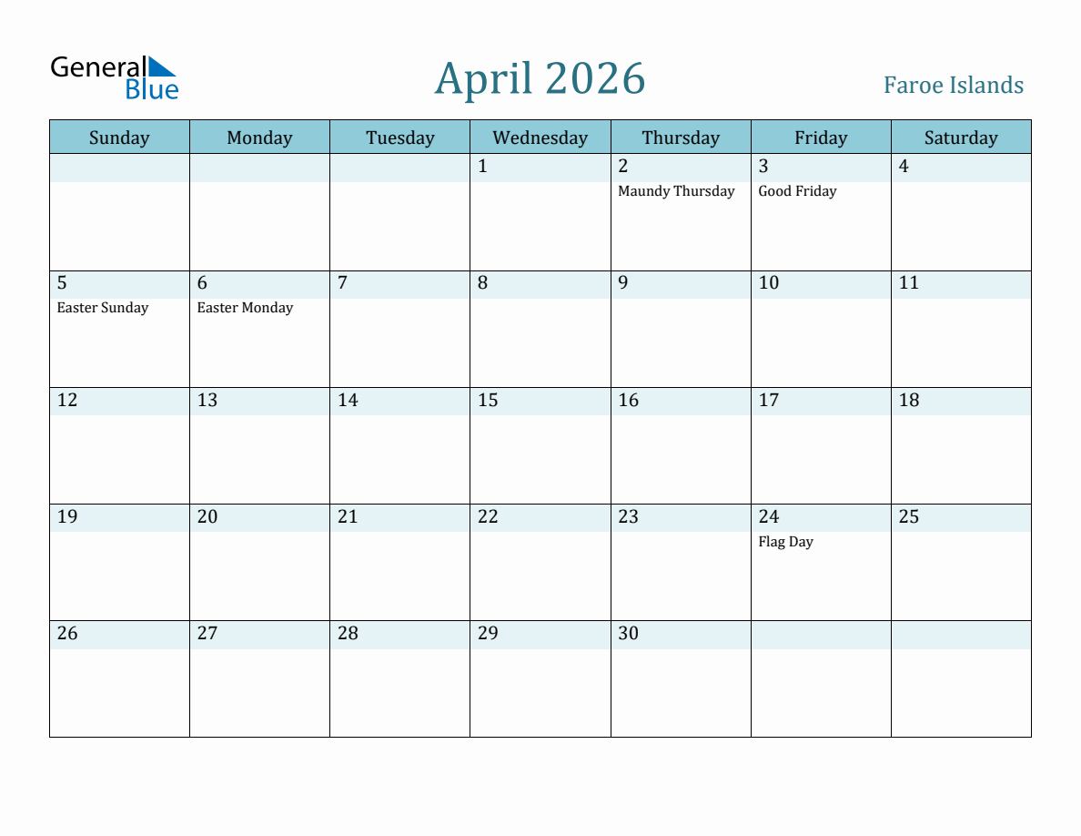 Faroe Islands Holiday Calendar for April 2026