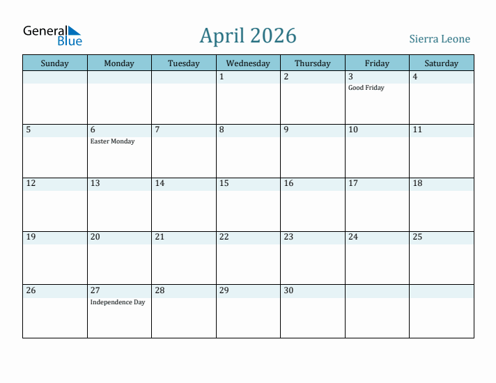 April 2026 Calendar with Holidays