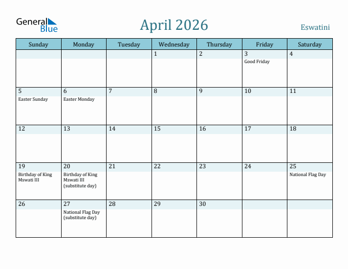 April 2026 Calendar with Holidays