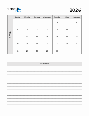 Current month calendar April 2026