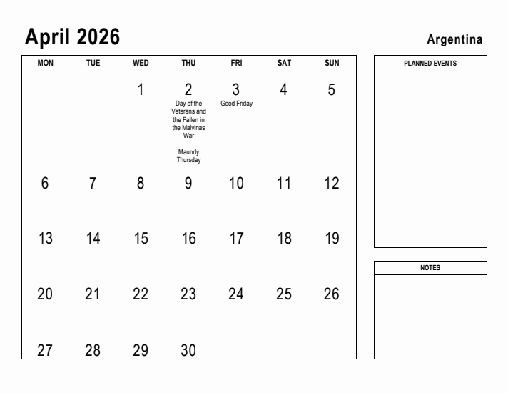 April 2026 Printable Monthly Calendar with Argentina Holidays